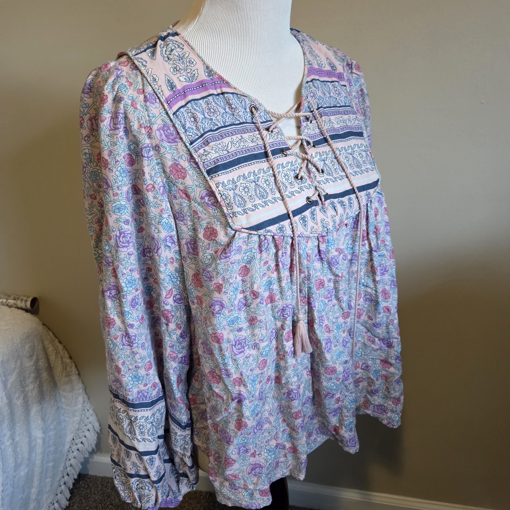 Lucky Brand Pastel Paisley Lace-Up Peasant Tunic - Picture 8 of 11